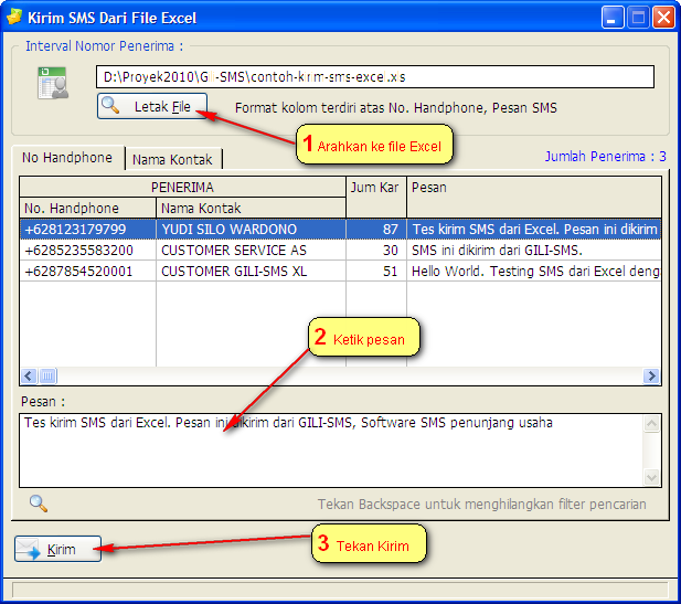 Antar muka mengirim sms dari file excel