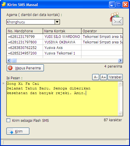 kirim sms sesuai agama